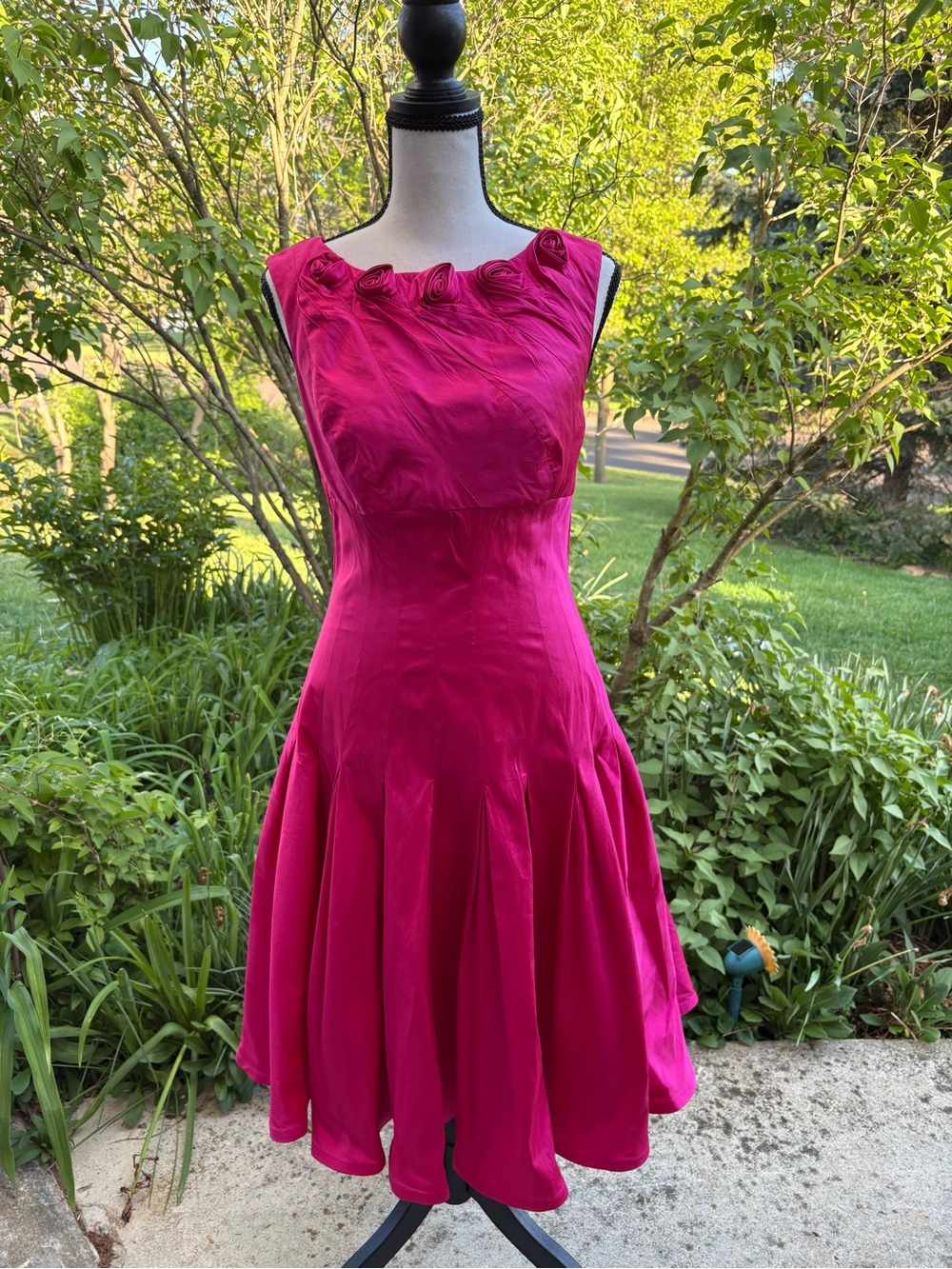 Size 8 Adrianna Papell Fuchsia Sleeveless Rosette Neck Fit-and-Flare Midi Dress
